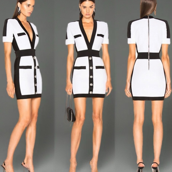 Balmain Black and White Mini Dress with Plunge Neckline - Picture 1 of 5